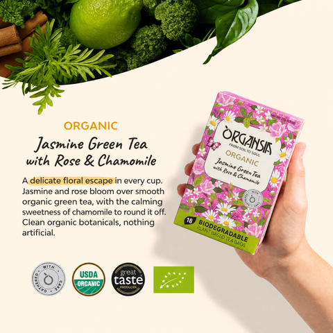 Bio jázmin-rózsa zöld tea kamillával – 18 filter